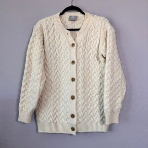 Aran Woollen Mills Medium Cardigan Cream LongSleeve CableKnit MerinoWool Ireland